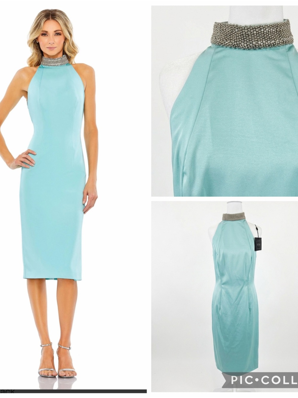 NWT MAC DUGGAL 22682 Midi Sheath Dress Rhinestone  Beaded Neck in Aqua size 10